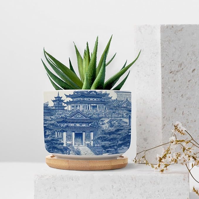 Planters Ceramic Chinoiserie Blue And White Porcelain Pattern Ceramic Pots with Drainage Holes Round Flowerpot Bamboo Tray Plant Pots for Succuelnt And Little Snake Plants Pots for Nana Grandma