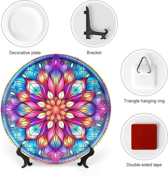 Decorative Plates, Moroccan Floral Stained Glass Design Ceramic Dinner Plate Home Wobble-Plate with Display Stand, Wall Hanging Decor for Kitchen Household 7 Inch, Gifts for Family Friends
