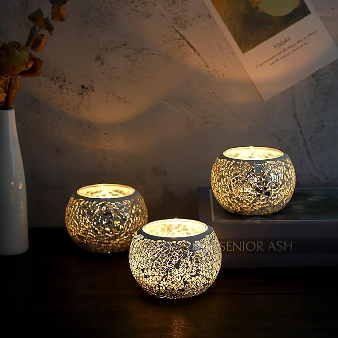 OwnMy 3PCS Mosaic Glass Tea Light Holders Round Bowl Votive Candle Holders Pillar Candle Stands, Silver Glass Mosaic Tealight Holders Potted Plant Bowl Vase Candle Centerpiece for Dining Table Wedding