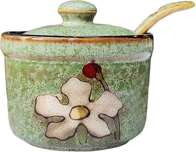 Ceramics Retro Flower Sugar Salt Pepper Storage Jar Seasoning Pot with Lid And Spoon
