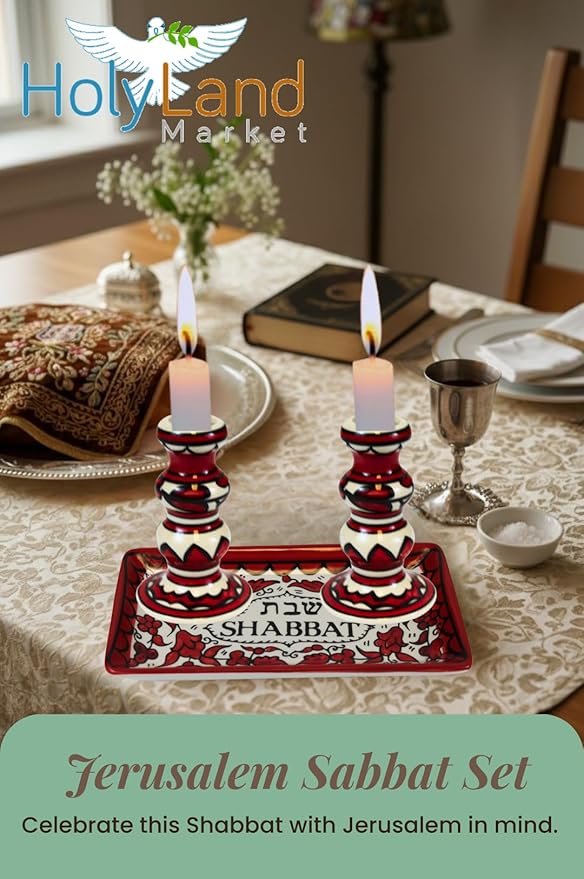 Holy Land Market Shabbat Candlesticks Set - Colorful Ceramic Shabbat Candle Holders Set with Matching Plate for Holidays, Red