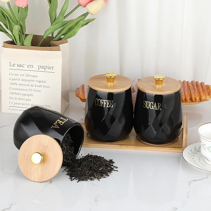 JUXYES Set of 3 Ceramic Canisters Set for Sugar Coffee Tea With Handle Tray, Luxurious Storage Containers Sets with Lids Decorative Storage Pots Black Ceramic Storage Jar for Kitchen Dining Room
