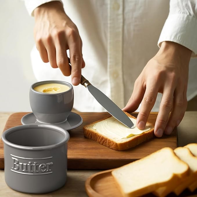 Premium Butter Crock with Lid - Original Design French Butter Dish - Beautiful Ceramic Butter Keeper for Counter with Water Line - Perfect to Keep Butter Soft and Spreadable, Gray