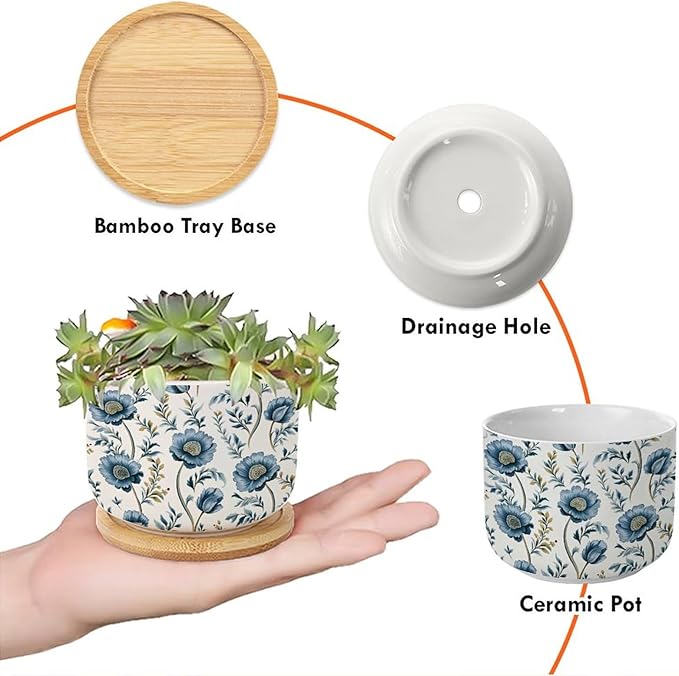 Mughal Flower Ceramics Planter Set of 5 Chinoiserie Blue Floral Cactus Pot for Indoor with Drainage Holes Oriental Chinoiserie Small Succulents Plant Pot