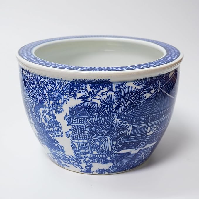 Blue and White Chinoiserie Planter, Blue and White Flower Pot for Indoor Plants, Oriental Pots for Plants, Oriental Porcelain Chinoiserie Pot, Ceramic Asian Planter, Medium