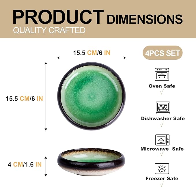 Ceramic Dessert Plates Set of 4, 6 Inch Mini Appetizer Plates Set, Stoneware Small Plate Set for 4, Handmade Round Dishes for Home Decor, Microwave,Oven,and Dishwasher Safe, Green