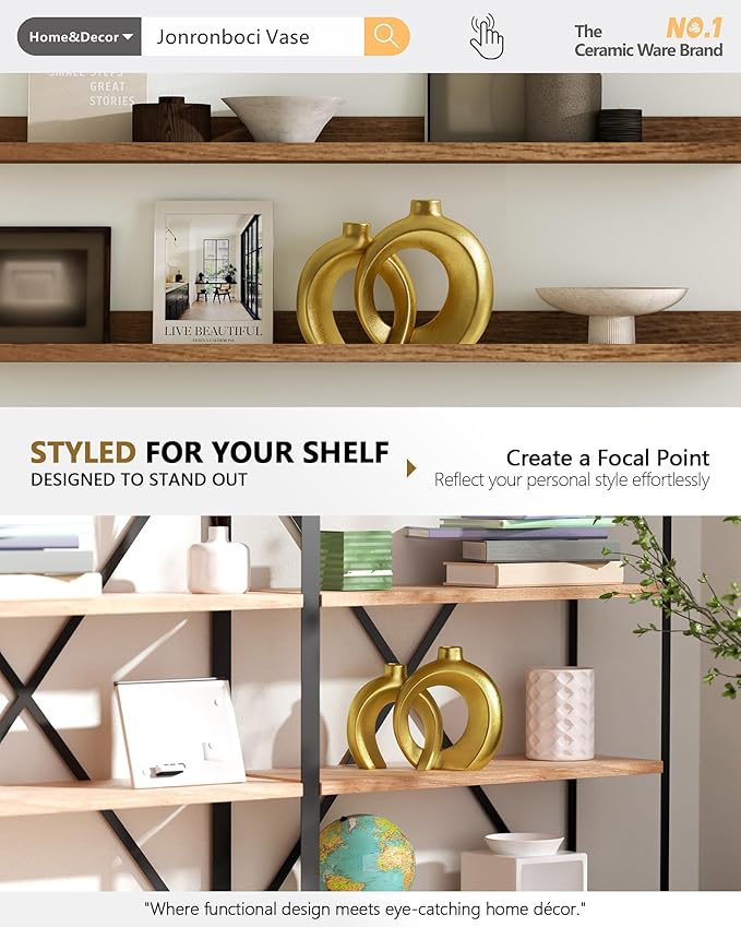 Set of 2 Gold Ceramic Vases for Home Decor Accents - Unique Hollow Donut Artistic Design Modern Art Deco Luxury Style Decorative Vases for Shelf, Mantel, Entryway Table Decor (Matte Gold)