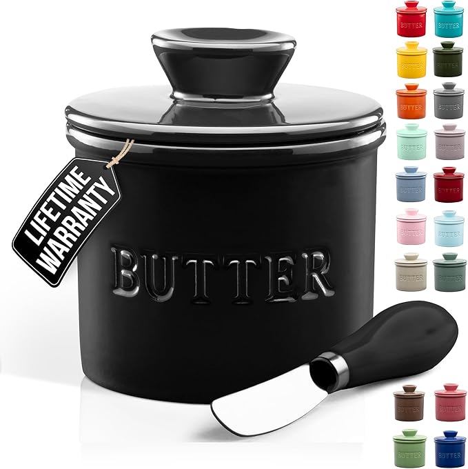 Zulay Kitchen Bell Shaped Butter Crock with Lid for Countertop with Water Line & Spreader Knife, Ceramic French Butter Dish Keeper For Fresh, Soft & Spreadable Butter - Black