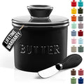Zulay Kitchen Bell Shaped Butter Crock with Lid for Countertop with Water Line & Spreader Knife, Ceramic French Butter Dish Keeper For Fresh, Soft & Spreadable Butter - Black