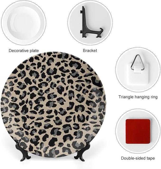 Leopard Animal Print Black in Brown Background China Plates, Animals Wildlife with Textures Customize Wall Art Hanging Plate for Office Wall Home Decor, with Vertical Stand Art Decor for Wedding