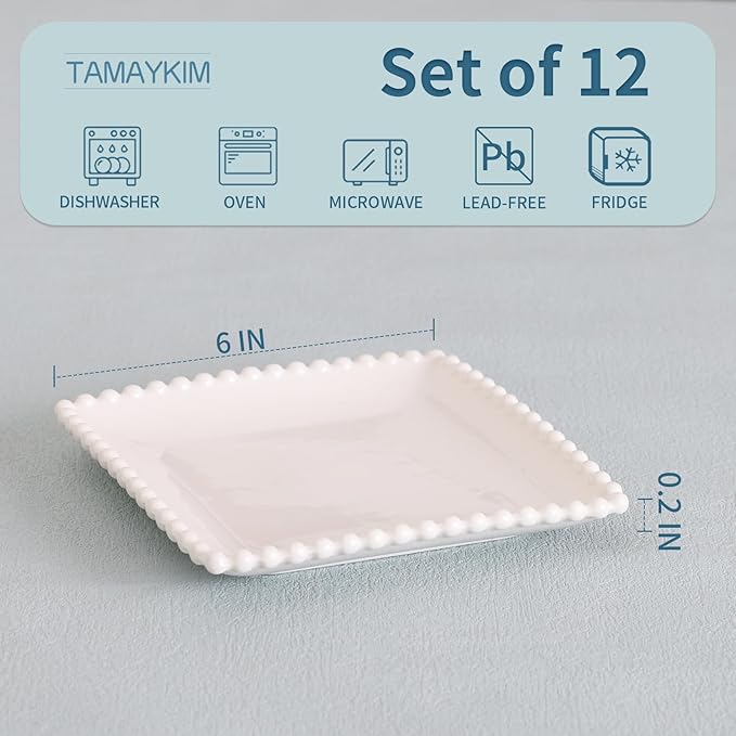 TAMAYKIM 6 Inch Porcelain Dessert Plates, Appetizer Plates, Square Shape Small Dinnerware Sets, Scratch Resistant, Microwave, Oven, and Dishwasher Safe, White with Pearl Dots, 12 Pieces