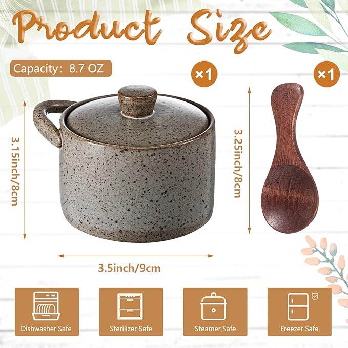 Honeydak Speckled Ceramic Salt Cellar with Lid and Wooden Spoon, Rustic Farmhouse Salt Pepper Cellar Holder for Valentines Day,Housewarming Gift, Heavyweight Spices Jar(Light Gray,1 Set)