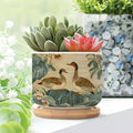 5 Piece and Duck Garden Small Plant Pots Chinoiserie Style Succulent Pot with Drainage Bamboo Trays Green Water Lily Chinoiserie Flower Ceramics Planters for Indoor Plants