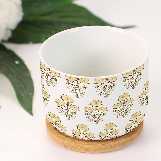 2 Piece Ceramics Pots for Plants Yellow Flower Small Succulents Plant Pot Watercolor Chinoiserie Floral Planter for Succulents Chinoiserie Plant Pot with Drainage and Bamboo Tray