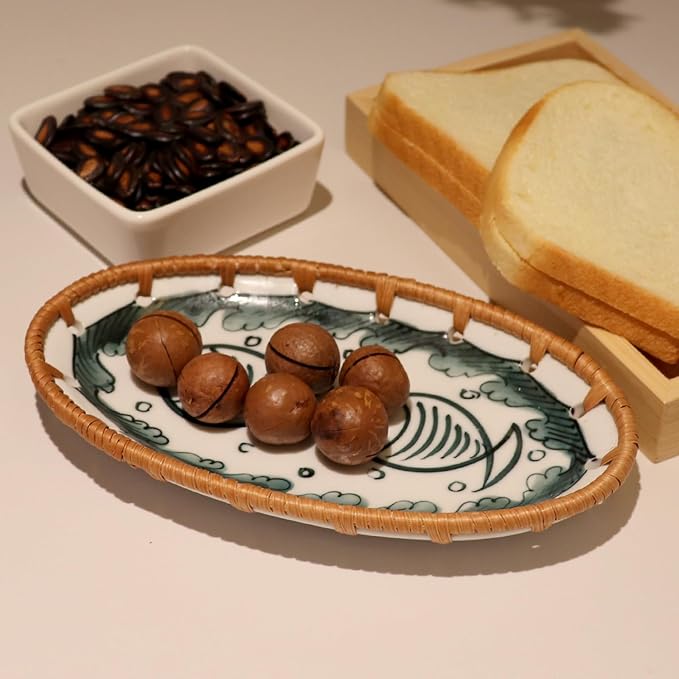 Rattan Ceramic Tray, Oval Fruit/Bread/Cookie/Jewelry Small Storage Porcelain Serving Plate, Vintage Decorative Display Plate for Coffee Table Home Decor Wedding Party Gift (Green Fish)
