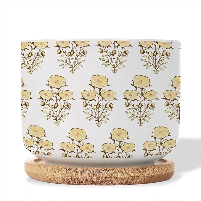 5 Piece Ceramics Pots for Plants Yellow Flower Small Succulents Plant Pot Watercolor Chinoiserie Floral Planter for Succulents Chinoiserie Plant Pot with Drainage and Bamboo Tray