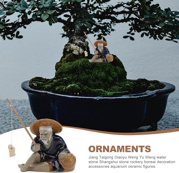 Ceramic Mini Fisherman Figurine Sitting Fishing Old Man Statue Asian Chinese Aquarium Zen Garden Decorations, 6x5.5cm, 0OQLIA1NK3403402QBD