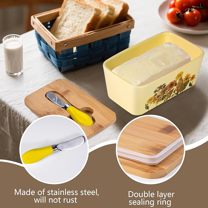 Sunflower Butter Dish with Lid,Large Butter Crock Keeper Saver,Ceramic Butter Container for Countertop with Highly Sealed Silicone Thick Wooden Lid for Kitchen Farmhouse Decor (Yellow, Sunflower)