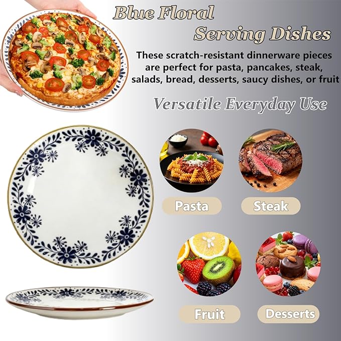 4 Pack Ceramic Dinner Plates, 10" Round Appetizer Plates, Blue Floral Dessert Serving Dishes, Vintage Salad Plate, Scratch Resistant Dinnerware for Kitchen, Microwave Dishwasher Oven Safe
