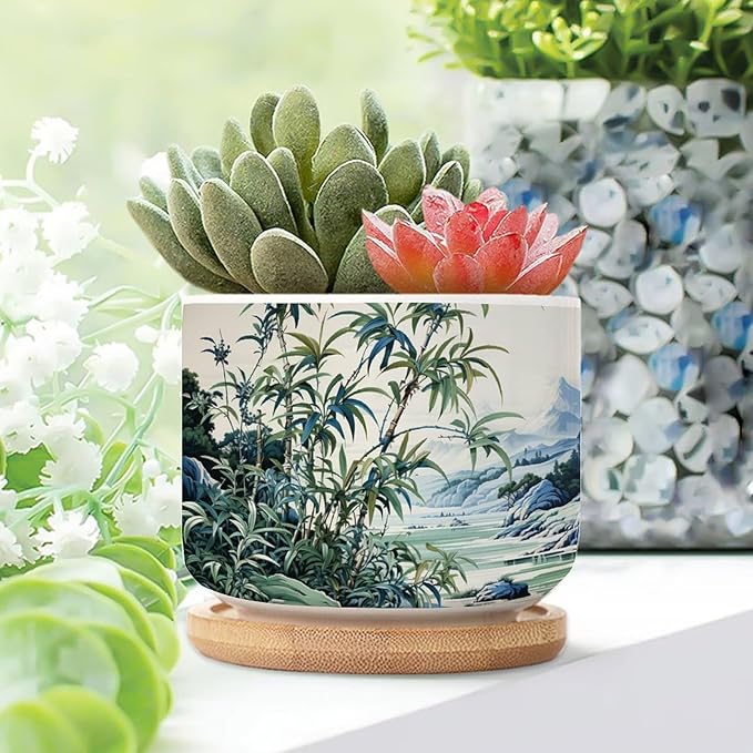 Blue Green and White Asian Scenery Small Ceramics Plant Pot Set of 1 Green Bamboo and Flower Ceramics Pots for Plants with Drainage and Bamboo Tray Oriental Chinoiserie Houseplant Pot
