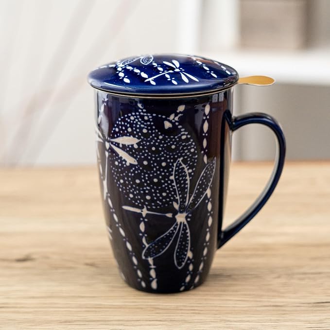 Urban Tokyo Tea Mug With Lid and Stainless Steel Infuser For Loose Leaf Tea Bag Tea Cup 15oz Porcelain Hot Beverage Everyday Use Home Office (Dragonfly Tombo)