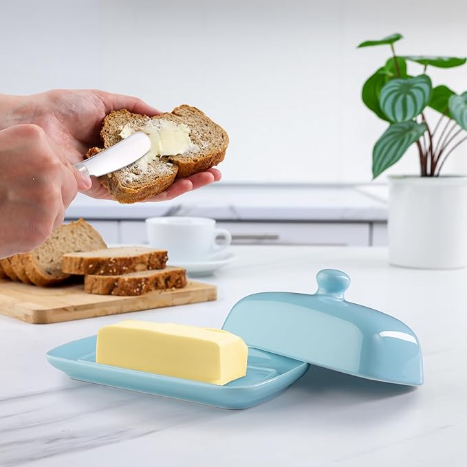 Zulay Kitchen Butter Dish With Lid For Countertop - Porcelain Blue, Ceramic Butter Dish with Knob Handle Great for Cooking - Elegant Design Butter Holder - Durable & Sturdy Butter Keeper - Light Blue
