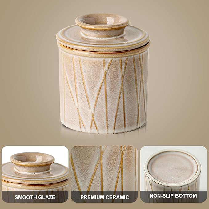 HVH Ceramic Butter Crock with Water Line, French Butter Dish with Lid for Countertop, Butter Keeper for Counter, Butter Holder for Soft Butter, Irregular Striped (Sand Color, 4x4)