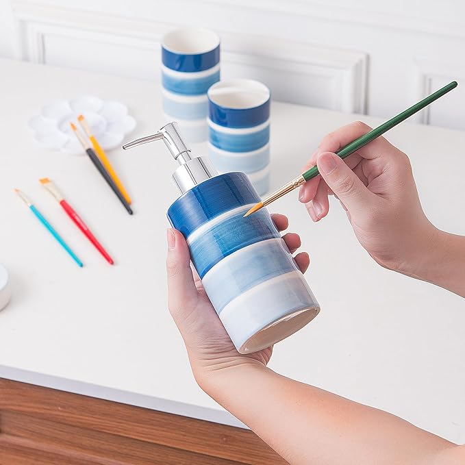 Bathroom Accessories Set, 4-Piece Blue Ceramic Bathroom Decorations Accessories Set, Contain Toothbrush Cup, Soap Dispenser, Soap Dish, Tumbler