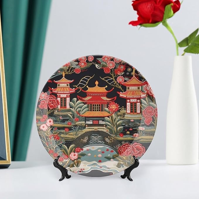 Chinoiserie Charcoal Coral Pagoda Asian Decorative Plate of 6", 7", 9", 10", Custom Oriental Chinoiserie Porcelain Dessert Plate Set, Club Housewarming Gifts Decorations Table, with 1 Display Stand