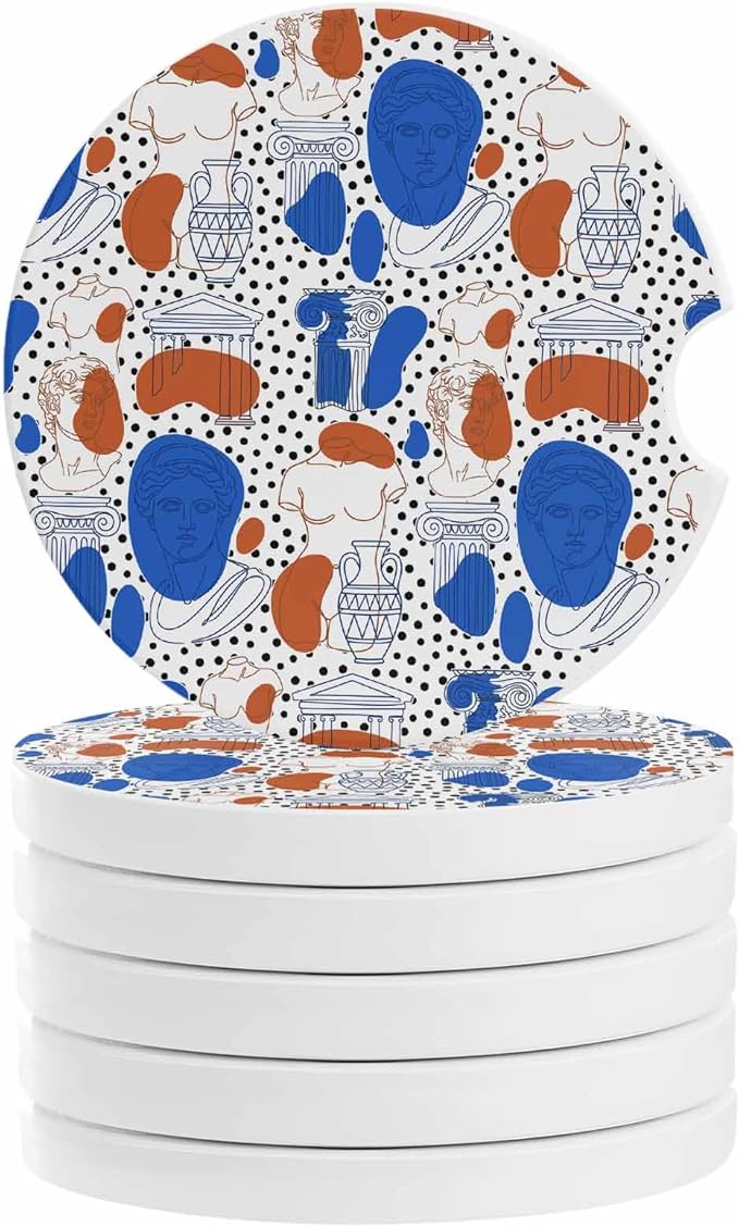 Pop Art Style Car Coasters Pack of 6 Blue Red Classical Sculptural Heads Polka Dot Absorbent Ceramic Car Cup Holder Coaster Insert Drink Holder SUV Interior Accessory with Finger Notch
