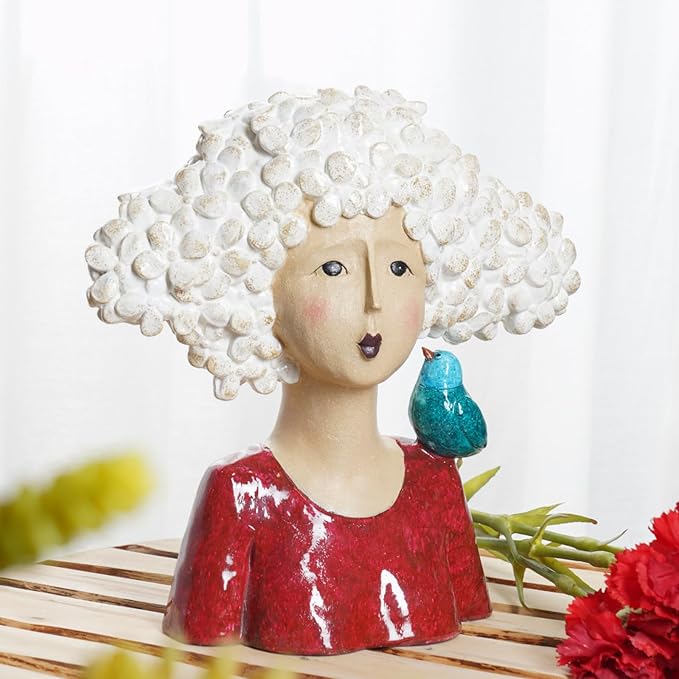 DiliComing Garden-Statues Bust-Head Sculptures for Home Decor - 11 Inch Women with Bird Modern Art Statue for Home and Garden, Various Festivals for Women 10.5 x5.5 x 11 Inch (Red)