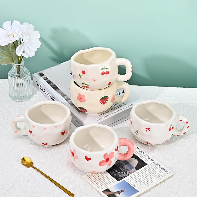 Koythin Ceramic Coffee Mug with Saucer Set, Cute Creative Pink Flower Cup Unique Irregular Design for Office and Home, 10 oz/300 ml for Latte Tea Milk