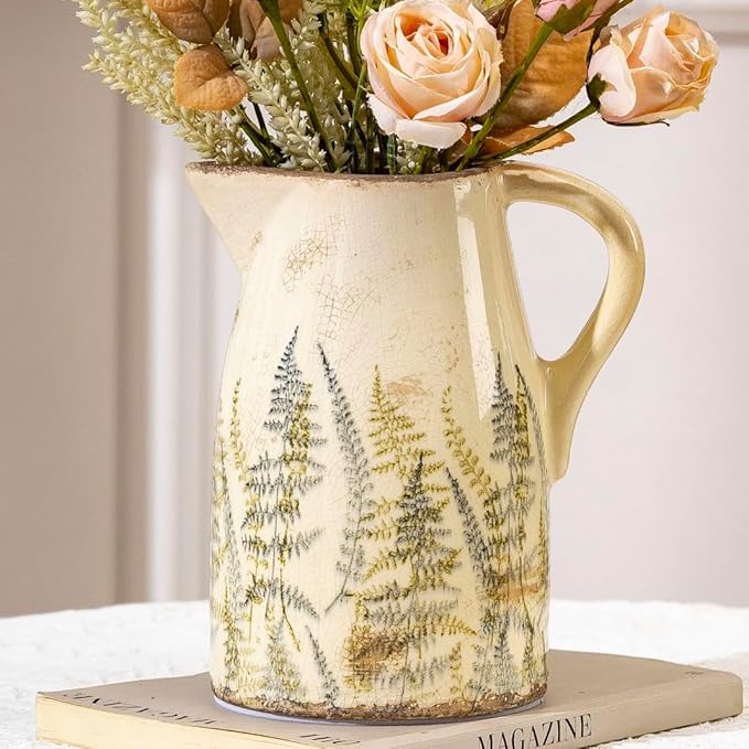 Vintage Ceramic Pitcher Vase with Handle, Farmhouse Green and Purple Large Floral Vases, French Country Decorative Vase, Rustic Table Centerpiece for Home Decor, Bookshelf, Office 7.3 Inch