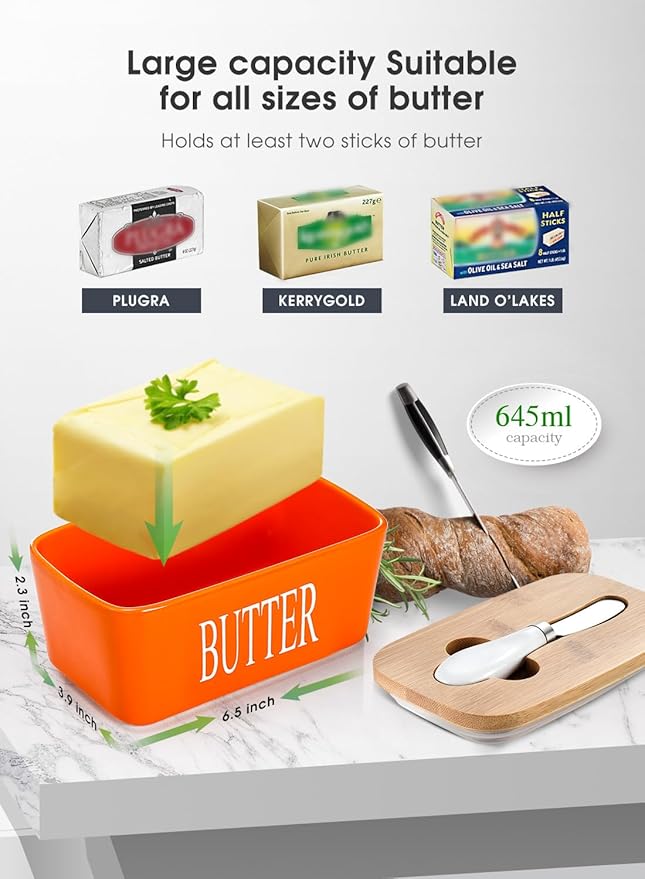 Butter Dish with Lid: Large Butter Dish for Countertop - Ceramic Butter Keeper Container with Knife and High Quality - Silicone Sealing Butter Box for Home Decor Good Kitchen Gift Orange