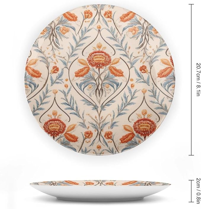 Vintage Orange Floral Fashion Plates, Birds Floral Pattern Customize Ceramic Dinner Plates for Art Decoration Wedding Display Decor, 1 Plate with 1 Display Stand Art Decorations for Household Club