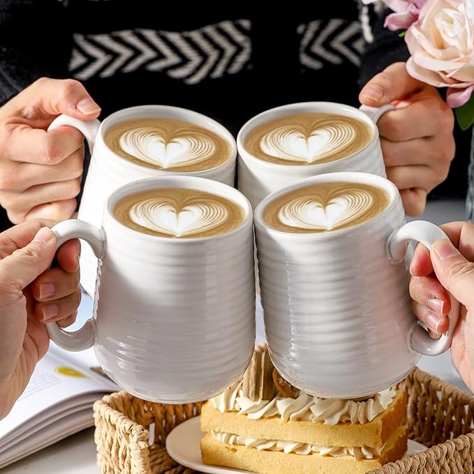 HASENSE Coffee Mugs, 12 Ounce Ceramic Coffee Cups Set of 4, Latte Mug with Handle for Milk, Cocoa, Cappuccino, Tea Cup for Wedding Gift, Dishwasher Microwave Safe, Clay-Infused White