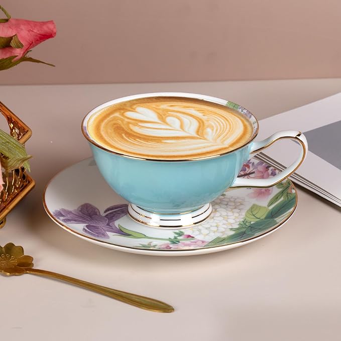 KAMMAK Tea Cups and Saucers Set of 2, Fine Bone China Coffee Cups, Stackable Espresso Mugs, Ceramic Demitasse for Coffee, Cappuccino, Latte, Americano, Tea, Peony + Hydrangea