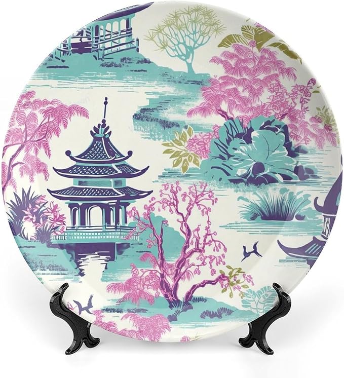 Chinoiserie Pagoda White Coral Blue Asian Plates Ceramic, Chinoiserie Garden Scenery Hand Painted Wall Hanging Decor for Kitchen Household Decor, with Vertical Stand Art Decor for Wall Art Decoration