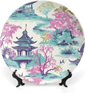 Chinoiserie Pagoda White Coral Blue Asian Plates Ceramic, Chinoiserie Garden Scenery Hand Painted Wall Hanging Decor for Kitchen Household Decor, with Vertical Stand Art Decor for Wall Art Decoration