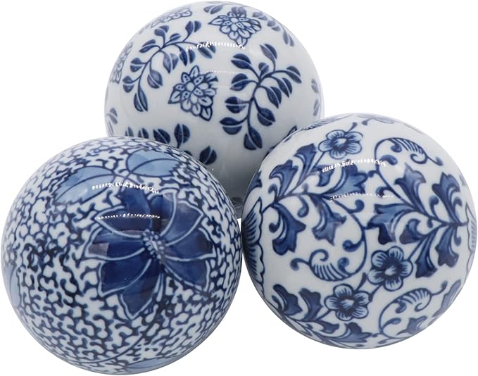 Kesywale Set of 3 Blue & White Porcelain Orbs Decorative Balls Ceramic Spheres for Centerpiece Bowl, Tray or Basket Decor 3 Inch Diameter (A)