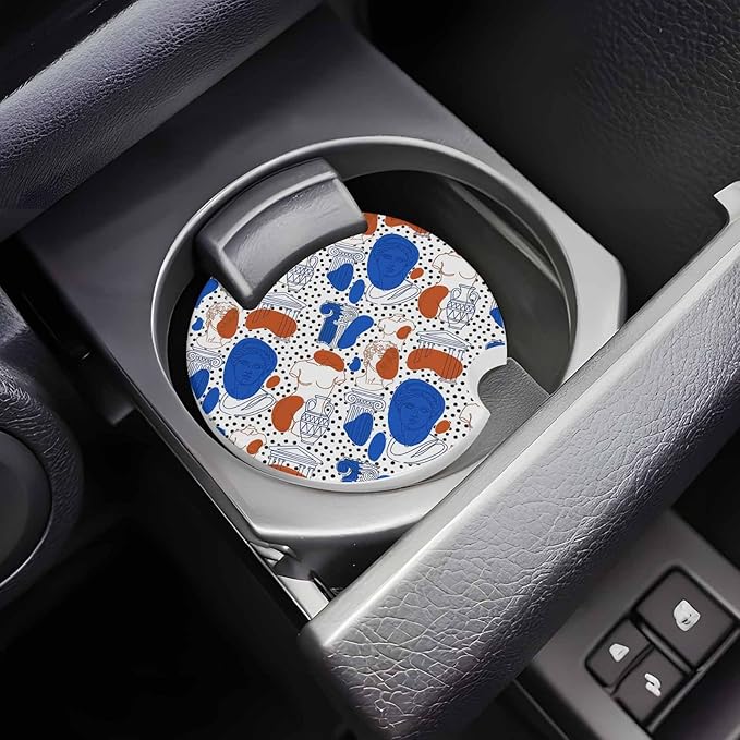 Pop Art Style Car Coasters Pack of 6 Blue Red Classical Sculptural Heads Polka Dot Absorbent Ceramic Car Cup Holder Coaster Insert Drink Holder SUV Interior Accessory with Finger Notch