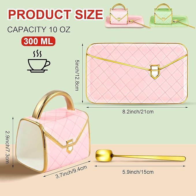 Zubebe 2 Set Coffee Mug Elegant Handbag Shaped Cup Mother's Day Modern Ceramic Purse Mug with Spoon and Saucer, 10oz Cute Creative Tea Cup for Woman Girls Gift (Light Green,Pink)
