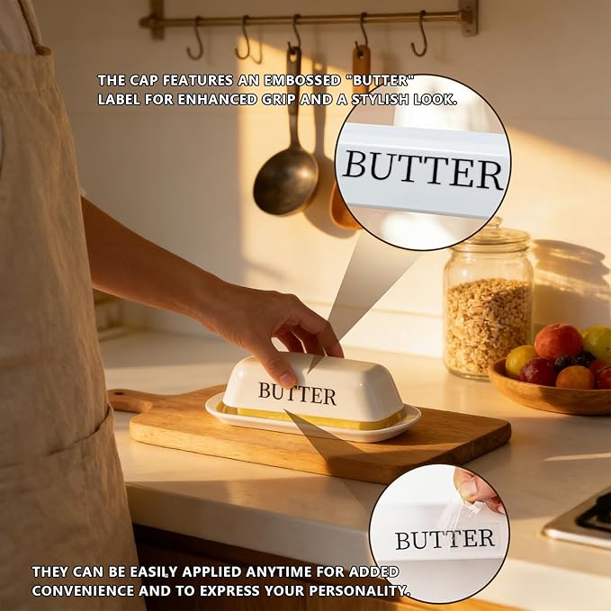 BPA-Free Melamine Butter Dish with Lid & Stainless Steel Knife - Farmhouse Butter Keeper for Countertop & Refrigerator, Dishwasher Safe, Holds 1 Stick with East & West Coast Butter-White