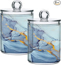 MNSRUU 2 Pack Qtip Holder Organizer Dispenser Teal Blue Marble Bathroom Storage Canister Cotton Ball Holder Bathroom Containers for Cotton Swabs/Pads/Floss