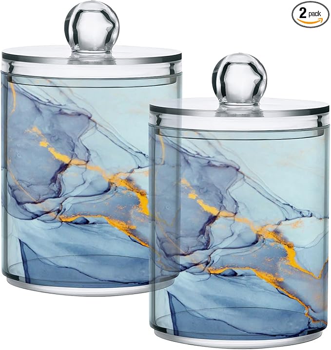 MNSRUU 2 Pack Qtip Holder Organizer Dispenser Teal Blue Marble Bathroom Storage Canister Cotton Ball Holder Bathroom Containers for Cotton Swabs/Pads/Floss