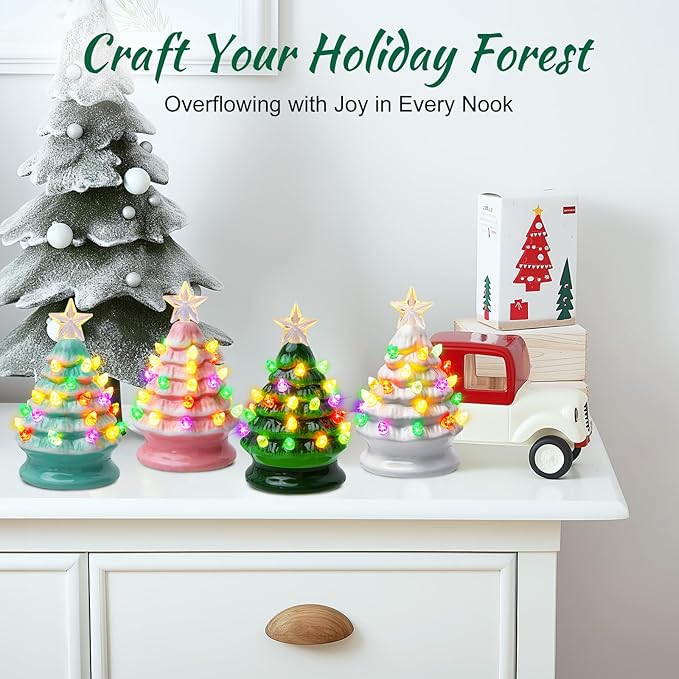 5 Inch Mini Ceramic Christmas Tree Set - 4 Pack Pre-lit Tabletop Christmas Tree with Multicolored LED Light, Battery Operated Small Lighted Tree for Home Table Holiday Decoration