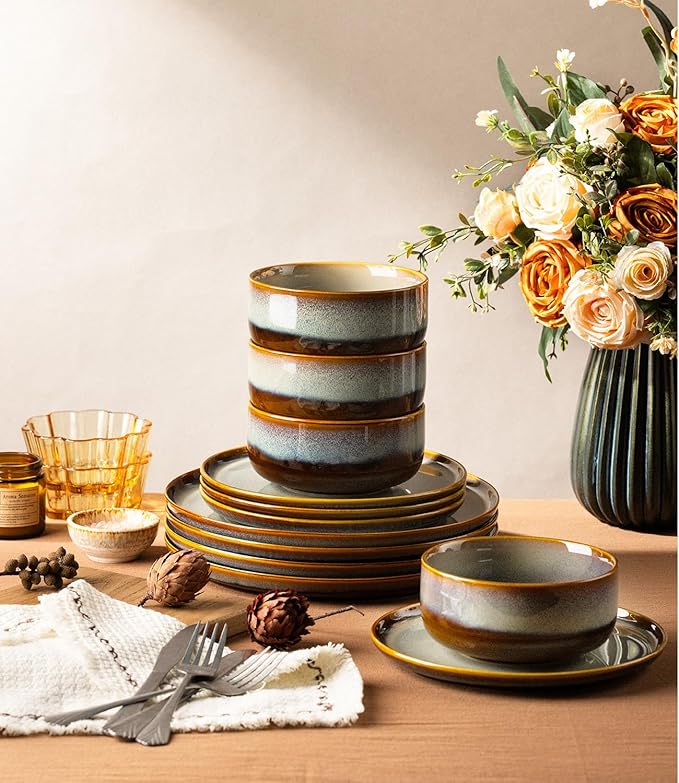 TheTerra Ceramic Dinnerware Sets for 4, 12 Pieces Handmade Reactive Glaze Plates and Bowls Set, Scratch Resistant Dish Set, Oven & Microwave & Dishwasher Safe, Dusk Blue