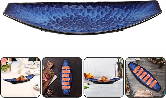Cabilock Japanese Fish Plate 14.37 Inch Ceramic Sashimi Serving Platter Long Boat Shape Cold Dish Dessert Tray for Home Kitchen and Restaurant Use
