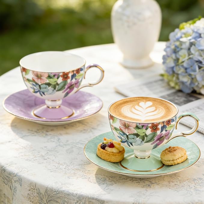 KAMMAK Ceramic Coffee Cups Saucers Set of 2, Porcelain Espresso Cups with Saucers, 6.52 oz Handmade Elegant Bone China Tea Cup, Ceramic Floral Pattern Demitasse for Latte, Americano, Cappuccino