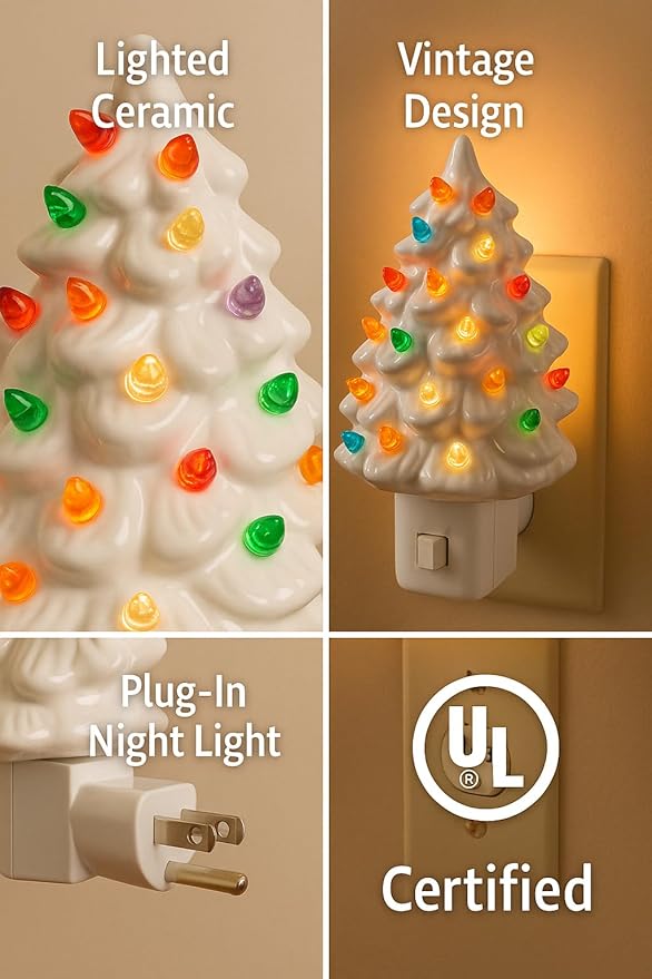 Christmas Night Light - White Tree Christmas Nightlight Plug Into Wall, 6" Ceramic, Holiday Decorations, Winter Home Décor for Kids/Adults